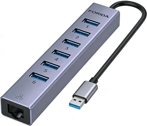 FORIDA Aluminum USB to Ethernet Adapter with 7-Port USB Hub, RJ45 Gigabit Ethernet Port, 5V/3A Power Port FORIDA Aluminum USB to Ethernet Adapter with 7-Port USB Hub, RJ45 Gigabit Ethernet Port, 5V/3A Power Port