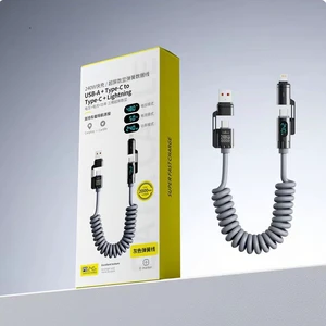 240W 4-in-1 Coiled Fast Charging Cable with LED Display, USB-A and Type-C to Type-C Compatible with Lightning, 2m, Zinc Alloy and TPU (Grey) 240W 4-in-1 Coiled Fast Charging Cable with LED Display, USB-A and Type-C to Type-C Compatible with Lightning, 2m, Zinc Alloy and TPU (Grey)