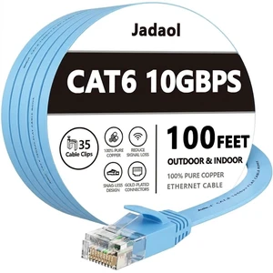 Jadaol Cat6 Ethernet Cable 100FT with Clips 10Gbps Flat Network Cable, Blue Jadaol Cat6 Ethernet Cable 100FT with Clips 10Gbps Flat Network Cable, Blue