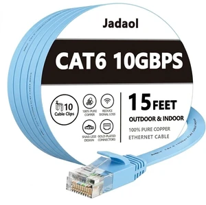 Jadaol Cat6 Ethernet Cable 15FT with Clips 10Gbps Flat Network Cable, Blue Jadaol Cat6 Ethernet Cable 15FT with Clips 10Gbps Flat Network Cable, Blue