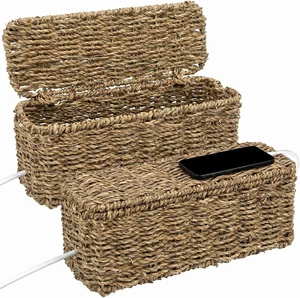 2 Pack Handwoven Cable Management Box with Lid, Decorative Cord Organizer for Power Strips, Chargers, TV Wires, Desk, Home & Office Storage, Natural Sea Grass 2 Pack Handwoven Cable Management Box with Lid, Decorative Cord Organizer for Power Strips, Chargers, TV Wires, Desk, Home & Office Storage, Natural Sea Grass