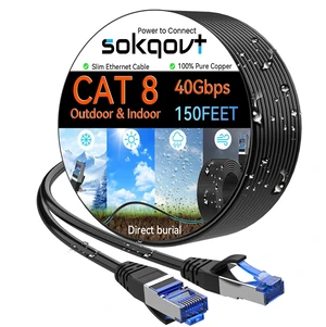 Sokqovt Cat 8 Ethernet Cable Slim 150ft Outdoor&Indoor, Pure Copper Cat8 Internet Cable for Waterproof & Direct Burial, Flexible Cat8 Ethernet Cable 40G 2000MHZ, Cat 8 Network Cable for Indoor Black Sokqovt Cat 8 Ethernet Cable Slim 150ft Outdoor&Indoor, Pure Copper Cat8 Internet Cable for Waterproof & Direct Burial, Flexible Cat8 Ethernet Cable 40G 2000MHZ, Cat 8 Network Cable for Indoor Black