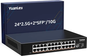 24 Port 2.5G Umanaged Ethernet Switch, 24 x 2.5Gb Base-T Ports, 2 x 10G SFP+, Compatible with 100/1000/2500Mbps, Metal Fanless, Desktop/Rack Mount YuanLey 2.5Gbe Network Switch for AP, NAS, PC 24 Port 2.5G Umanaged Ethernet Switch, 24 x 2.5Gb Base-T Ports, 2 x 10G SFP+, Compatible with 100/1000/2500Mbps, Metal Fanless, Desktop/Rack Mount YuanLey 2.5Gbe Network Switch for AP, NAS, PC