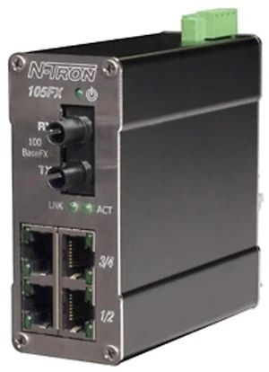 Red Lion Controls/N-Tron 105FX-ST-MDR N-Tron 5 Port Ind Ethernet Switch, 4 x 10/100BaseTX, 1 x 100Base Fiber Uplink, Multimode, ST Style Connector, Metal DIN Rail Connector Red Lion Controls/N-Tron 105FX-ST-MDR N-Tron 5 Port Ind Ethernet Switch, 4 x 10/100BaseTX, 1 x 100Base Fiber Uplink, Multimode, ST Style Connector, Metal DIN Rail Connector