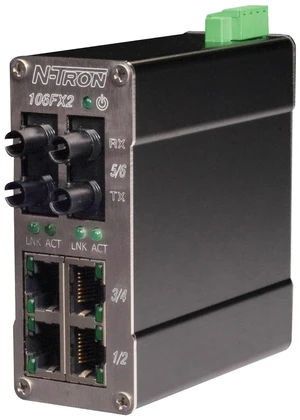 Red Lion Controls/N-Tron 106FX2-ST 6 Port Industrial Ethernet Switch, 4 x 10/100BaseTX, 2 x 100Base Fiber Uplinks, DIN-Rail, Multimode, ST Style Connector. Red Lion Controls/N-Tron 106FX2-ST 6 Port Industrial Ethernet Switch, 4 x 10/100BaseTX, 2 x 100Base Fiber Uplinks, DIN-Rail, Multimode, ST Style Connector.