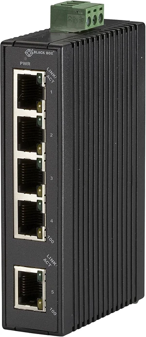 Black Box HRD Switch - (5) 10/100Mbps RJ45, 12-48V DC Black Box HRD Switch - (5) 10/100Mbps RJ45, 12-48V DC