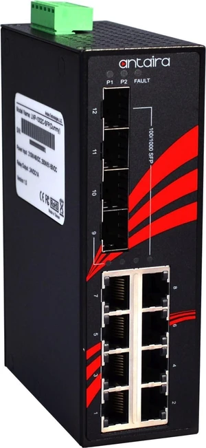 Antaira LNX-1204G-SFP Industrial-Grade 12-Port Unmanaged Gigabit Ethernet Switch, 4 SFP Slots, DIN-Rail Mount, -10 to 70°C Operating Temperature, Redundant 12 to 48 VDC Power Input Antaira LNX-1204G-SFP Industrial-Grade 12-Port Unmanaged Gigabit Ethernet Switch, 4 SFP Slots, DIN-Rail Mount, -10 to 70°C Operating Temperature, Redundant 12 to 48 VDC Power Input