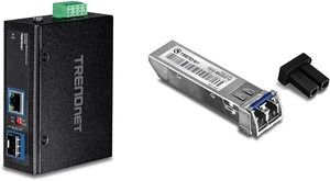 TRENDnet Hardened Industrial 100/1000 Base-T to SFP Media Converter with TRENDnet 10km SFP to RJ45 Mini-GBIC Single-Mode LC Gigabit Module TRENDnet Hardened Industrial 100/1000 Base-T to SFP Media Converter with TRENDnet 10km SFP to RJ45 Mini-GBIC Single-Mode LC Gigabit Module