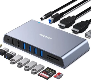BENFEI 12-in-1 USB 3.0 Docking Station with Dual HDMI Display/6*USB Ports/SD/TF Card Reader/Gigabit Ethernet Network/3.5mm Female Headphone Jack Compatible with Windows and Mac BENFEI 12-in-1 USB 3.0 Docking Station with Dual HDMI Display/6*USB Ports/SD/TF Card Reader/Gigabit Ethernet Network/3.5mm Female Headphone Jack Compatible with Windows and Mac