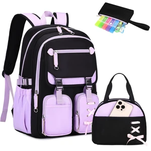 Girls Backpack with Lunch Box & Pencil Case for Kids Teens 3PCS Bookbag Set for Elementary Primary Middle High School Purple-3pcs Girls Backpack with Lunch Box & Pencil Case for Kids Teens 3PCS Bookbag Set for Elementary Primary Middle High School Purple-3pcs