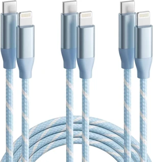Core Tech USB-C to Lightning Cable 3-Pack, 6 ft Each, MFi Certified, Nylon Braided, PD Fast Charging, Blue and White Core Tech USB-C to Lightning Cable 3-Pack, 6 ft Each, MFi Certified, Nylon Braided, PD Fast Charging, Blue and White