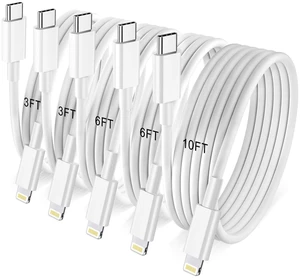 Core Tech USB-C to Lightning Cable 5-Pack, 3/3/6/6/10 ft, MFi Certified, 20W PD Fast Charging, White Core Tech USB-C to Lightning Cable 5-Pack, 3/3/6/6/10 ft, MFi Certified, 20W PD Fast Charging, White