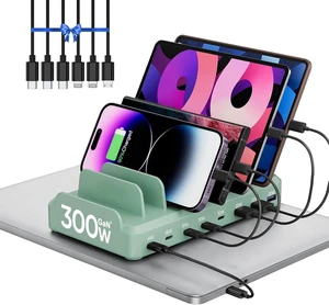 Core Tech 300W 8-Port USB-C and USB-A Charging Station, Dual 65W PD Laptop Charger, Multi-Device Organizer Dock with 6 Cables, Black, Green Core Tech 300W 8-Port USB-C and USB-A Charging Station, Dual 65W PD Laptop Charger, Multi-Device Organizer Dock with 6 Cables, Black, Green