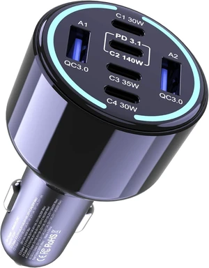 Core Tech 300W 6-Port USB-C and USB-A Car Charger, 140W PD 3.1 Laptop Fast Charging Adapter, PPS, QC 3.0, 12V-24V, LED Ring, Black Core Tech 300W 6-Port USB-C and USB-A Car Charger, 140W PD 3.1 Laptop Fast Charging Adapter, PPS, QC 3.0, 12V-24V, LED Ring, Black
