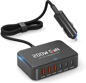 Core Tech 200W 6-Port USB-C and USB-A Car Charging Station, 100W PD Laptop Charger with Braided Power Cable for Phones and Tablets, Black Core Tech 200W 6-Port USB-C and USB-A Car Charging Station, 100W PD Laptop Charger with Braided Power Cable for Phones and Tablets, Black