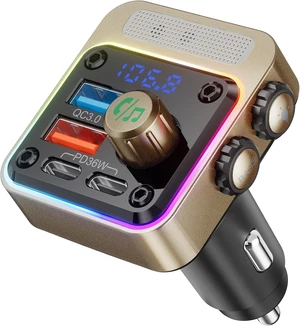Core Tech 54W Bluetooth 5.3 FM Transmitter Car Charger, 4-Port USB-C PD and USB-A Fast Charging Adapter, Hands-Free Calling, Bass Boost and LED Lighting, Gold Core Tech 54W Bluetooth 5.3 FM Transmitter Car Charger, 4-Port USB-C PD and USB-A Fast Charging Adapter, Hands-Free Calling, Bass Boost and LED Lighting, Gold