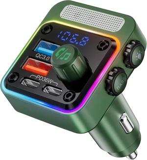 Core Tech 54W Bluetooth 5.3 FM Transmitter Car Charger, 4-Port USB-C PD and USB-A Fast Charging Adapter, Hands-Free Calling, Bass Boost and LED Lighting, Green Core Tech 54W Bluetooth 5.3 FM Transmitter Car Charger, 4-Port USB-C PD and USB-A Fast Charging Adapter, Hands-Free Calling, Bass Boost and LED Lighting, Green