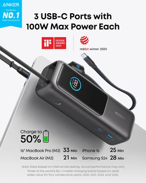 Anker Laptop Power Bank, 25,000mAh Travel Essential with 165W Total Output | 3 USB-C Ports with 100W Max Each, Built-In Retractable Cables, Flight-Ready, for iPhone 17 Series ,MacBook, and More Anker Laptop Power Bank, 25,000mAh Travel Essential with 165W Total Output | 3 USB-C Ports with 100W Max Each, Built-In Retractable Cables, Flight-Ready, for iPhone 17 Series ,MacBook, and More