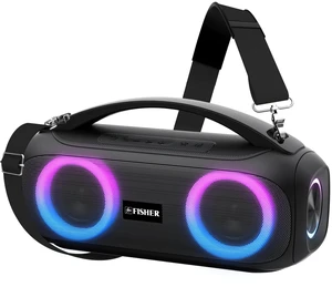 Fisher Portable Bluetooth Speaker, IPX5 Waterproof Speaker, 60W Peak Power | Stereo Boombox HD Sound Bluetooth Speaker with RGB Lights, TWS, FM Radio, AUX, Wireless Electronic, Use Anywhere Fisher Portable Bluetooth Speaker, IPX5 Waterproof Speaker, 60W Peak Power | Stereo Boombox HD Sound Bluetooth Speaker with RGB Lights, TWS, FM Radio, AUX, Wireless Electronic, Use Anywhere