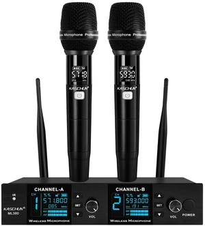 Kaschun Dual UHF Auto Scan Handheld Wireless Microphone System | Plug & Play, Battery Indicator, 2 x 100 Channel, 328ft Range, 8hr Battery for Home Karaoke, Church Services, Live Music Gigs Kaschun Dual UHF Auto Scan Handheld Wireless Microphone System | Plug & Play, Battery Indicator, 2 x 100 Channel, 328ft Range, 8hr Battery for Home Karaoke, Church Services, Live Music Gigs