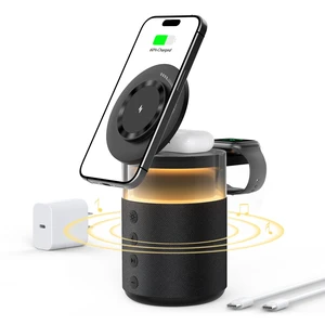 5-in-1 Magnetic Wireless Charging Station for Apple Device, Portable Bluetooth Speaker with Adjustable Night Light, 33W Fast Charger Stand for iPhone 17/16/15/14/13 Pro Max, Apple Watch, AirPods