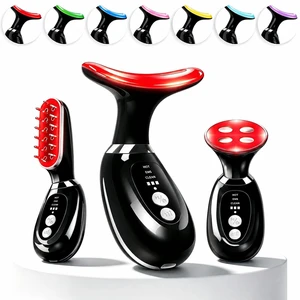 3-in-1 Facial Massager for Face Neck and Scalp-Black | 7-Color LED Light Heating and Vibration, 3 Massage Heads, Birthday,Christmas Skin Care Beauty Gift for Women Men