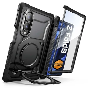 for Galaxy Z Fold 8 Case with Tempered Glass Screen Protector Black | Built-in Magnetic Stand, Compatible with MagSafe, Full Hinge Coverage, Anti-Slip Grip, Full Body Heavy Duty Rugged Phone Case