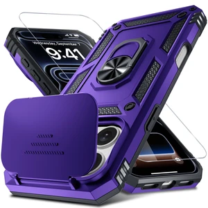 for iPhone 17 Pro Max/18 Pro Max Phone Case Built in foldable Camera Cover | with Tempered Glass Screen Protector+Finger Ring Holder Kickstand,Heavy Duty Shockproof Full Body Phone Cover,Purple