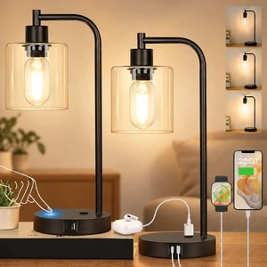 Set of 2 Industrial Touch Control Table Lamps with USB C+A Ports and AC Outlet - 3-Way Dimmable Black Bedside Lamps Nightstand Desk Lamps for Bedroom Living Room, Glass Shade & 2 LED Bulbs Included Set of 2 Industrial Touch Control Table Lamps with USB C+A Ports and AC Outlet - 3-Way Dimmable Black Bedside Lamps Nightstand Desk Lamps for Bedroom Living Room, Glass Shade & 2 LED Bulbs Included