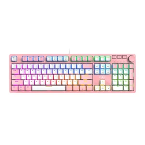 FOXXRAY HKM-95 Wired Mechanical Gaming Keyboard, Full-Size RGB Backlit with Media Control Knob, Standard Clicky Blue Switches, USB Plug and Play for PC/Mac/Windows - Pink & White FOXXRAY HKM-95 Wired Mechanical Gaming Keyboard, Full-Size RGB Backlit with Media Control Knob, Standard Clicky Blue Switches, USB Plug and Play for PC/Mac/Windows - Pink & White