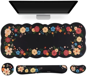 Petmolico Desk Pad Set with Wrist Rest for Keyboard & Mouse, Black Floral | Anti-slip PU base, durable Lycra & memory foam, relieves wrist fatigue, perfect for work, home & daily use Petmolico Desk Pad Set with Wrist Rest for Keyboard & Mouse, Black Floral | Anti-slip PU base, durable Lycra & memory foam, relieves wrist fatigue, perfect for work, home & daily use