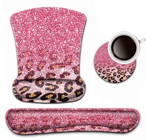 Keyboard Wrist Rest and Mouse Pad Wrist Support Set,Cute Pink Faux Glitter Leopard Ergonomic Gel Mouse Pad,Easy Typing Pain Relief, Memory Foam Keyboard Mousepad Set with Coasters Keyboard Wrist Rest and Mouse Pad Wrist Support Set,Cute Pink Faux Glitter Leopard Ergonomic Gel Mouse Pad,Easy Typing Pain Relief, Memory Foam Keyboard Mousepad Set with Coasters