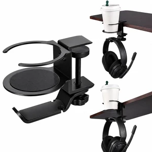 Foldable Aluminum Under Desk Headphone Hanger with Cup Holder, 2-in-1 Clamp-on Headset Stand & Drink Holder, Heavy Duty Gaming Headphone Hook for Office, Home, Gaming Desk - Black Foldable Aluminum Under Desk Headphone Hanger with Cup Holder, 2-in-1 Clamp-on Headset Stand & Drink Holder, Heavy Duty Gaming Headphone Hook for Office, Home, Gaming Desk - Black