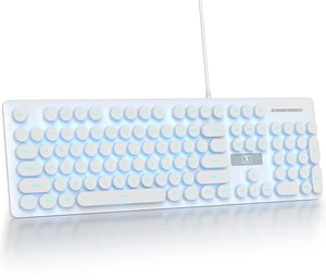 Fogruaden Wired Retro Typewriter Keyboard, Quiet Full Size Membrane Keyboard Light Up, White Cute Computer Keyboards, 104 Round Keys, Blue LED Backlit, Slim, Silent for Windows PC, Laptop Fogruaden Wired Retro Typewriter Keyboard, Quiet Full Size Membrane Keyboard Light Up, White Cute Computer Keyboards, 104 Round Keys, Blue LED Backlit, Slim, Silent for Windows PC, Laptop