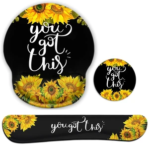 Keyboard Wrist Rest Pad and Ergonomic Mouse Pad Wrist Support Set for Computer, Gaming, Office, Durable, Comfortable and Pain Relief with Coaster Set - Motivation Quote You Got This Sunflower
