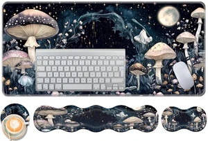 CMZLFHKO Keyboard Wrist Rest and Mouse Pad Set,31.5x11.8 Inches Desk Mat,Waterproof Non-Slip Ergonomic Wrist Support for Pain Relief,Extended Desk Protector for Office Home Gaming,Mushroom Galaxy