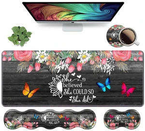 Ergonomic Keyboard Wrist Rest and Mouse Pad Wrist Rest Set, Large XXL Gaming Desk Mat 31.5"x 11.8",Non-Slip Base, Memory Foam,Easy Typing Pain Relief, Floral Quote She Believed She Could So She Did Ergonomic Keyboard Wrist Rest and Mouse Pad Wrist Rest Set, Large XXL Gaming Desk Mat 31.5"x 11.8",Non-Slip Base, Memory Foam,Easy Typing Pain Relief, Floral Quote She Believed She Could So She Did