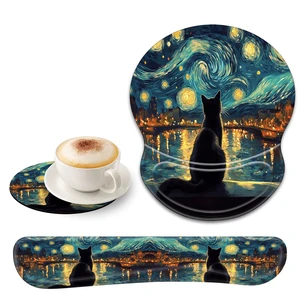 Bxgolkgd Ergonomic Gel Mouse Wrist Rest Pad and Keyboard Pad Set,Anti-Slip PU Bottom Easy Typing and Relieve Wrist Pain with Cute Coaster Set (3-Starry Night with Cat)