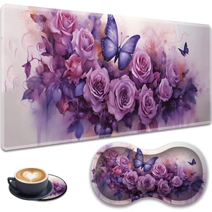 3-in-1 Large Mouse Pad Gaming Set (31.5 x 11.8 inch)+ Wrist Rest Pad + Coaster, Memory Foam Gel Wrist Rest Pad for Pain Relief, Stitched Edges, Non-Slip Table Mat, Purple Roses and Butterflies 3-in-1 Large Mouse Pad Gaming Set (31.5 x 11.8 inch)+ Wrist Rest Pad + Coaster, Memory Foam Gel Wrist Rest Pad for Pain Relief, Stitched Edges, Non-Slip Table Mat, Purple Roses and Butterflies