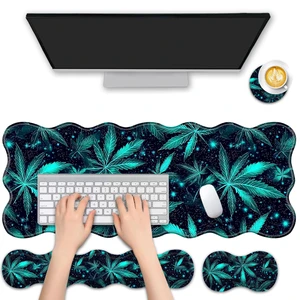 FGDRFGRW 4 in 1 Desk Mat Set,Mouse Pad with Keyboard Wrist Rest,Wave-Shaped Design,Non-Slip Rubber Base,Waterproof,for Home,Office,Gaming,Green Plant Leaf