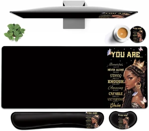 Large Mouse pad and Keyboard Support Set, Ergonomic Memory Foam Keyboard Wrist Rest, Extended Gaming Mouse Pad, African Americans Women Black Queen XXL Desk Mat (31.5 X 11.8 in) for Home Office