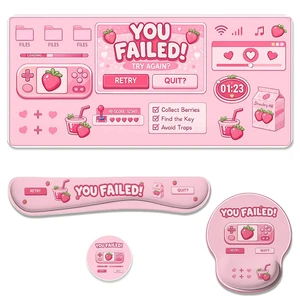 Cute Gamer Desk Mat Set Strawberry Pink Kawaii Aesthetic Mouse Pad with Wrist Rest 4in1 Desk Mat for Desktop Ergonomic Keyboard Wrist Support Anti-Slip Computer Ergonomic Mouse Pad Home Office Gaming