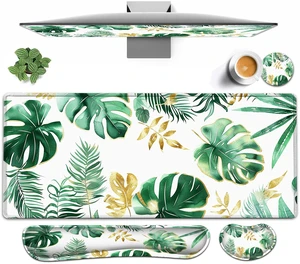 Large Mouse pad and Keyboard Support Set, Ergonomic Memory Foam Keyboard Wrist Rest, Extended Gaming Mouse Pad with Stitched Edges, Tropical Palm Leaves White XXL Desk Mat (31.5 X 11.8 in)
