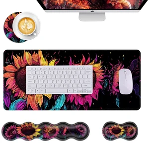 smauncucn Mouse Pad,Large Desk Mat Set, 4in1 XL Mousepad + Keyboard Wrist Rest+Mouse Wrist Rest+Coaster with Ergonomic Desk Pad for Home Office Table Computer Cover -Neon Colorful Sunflowers