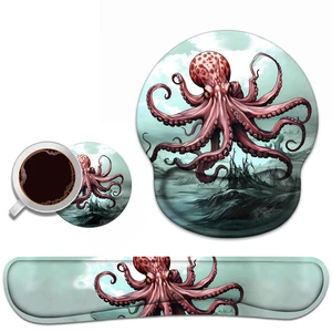 Keyboard Wrist Rest and Mouse Pad Wrist Support Set with Coasters, Non-Slip PU Base Ergonomic Gaming Mousepad for Home Office Working Studying Easy Typing & Pain Relief - Red Octopus