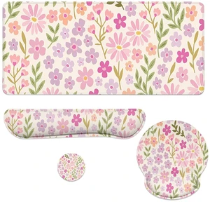 Flowers Mouse Pad Set Pastel Pink Purple Spring Gaming Mousepad 4in1 Desk Mat for Desktop Anti-Slip XXL Big Computer Ergonomic Mousepad with Wrist Support for Keyboard and Mouse