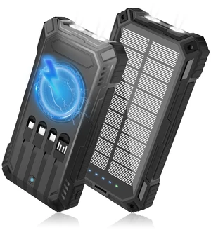 Solar Power Bank 49800mAh - Wireless Portable Charger 15W Fast Charging with 4 Built-in Cables. Equipped with a Powerful Flashlight, IP65 Outdoor Waterproof Power Bank Perfect for Camping, Hiking