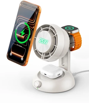 3-in-1 MagSafe Charger with Desk Fan, 25W for iPhone, iWatch, AirPods | 25W Magnetic Fast Charging, Desktop Table Fan, 50° Tilt-Adjustable Angle, LED Status Indicator, Multi Safety Protection 3-in-1 MagSafe Charger with Desk Fan, 25W for iPhone, iWatch, AirPods | 25W Magnetic Fast Charging, Desktop Table Fan, 50° Tilt-Adjustable Angle, LED Status Indicator, Multi Safety Protection