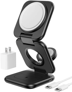 Foldable 3 in 1 Magnetic Wireless Charging Station for Apple Devices | Aluminum Alloy Design, Foldable Travel Charger Stand with 20W Adapter for iPhone 17-12, 5W for Apple Watch & AirPods, Black Foldable 3 in 1 Magnetic Wireless Charging Station for Apple Devices | Aluminum Alloy Design, Foldable Travel Charger Stand with 20W Adapter for iPhone 17-12, 5W for Apple Watch & AirPods, Black
