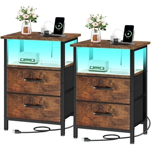 Vagusicc Nightstands Set of 2 Charging Station, End Tables with LED Lights, Bedside Table with 2 Fabric Drawers & Storage Shelves, 24.2" Tall Side Table Night Stand Set 2 for Bedroom, Rustic Brown Vagusicc Nightstands Set of 2 Charging Station, End Tables with LED Lights, Bedside Table with 2 Fabric Drawers & Storage Shelves, 24.2" Tall Side Table Night Stand Set 2 for Bedroom, Rustic Brown